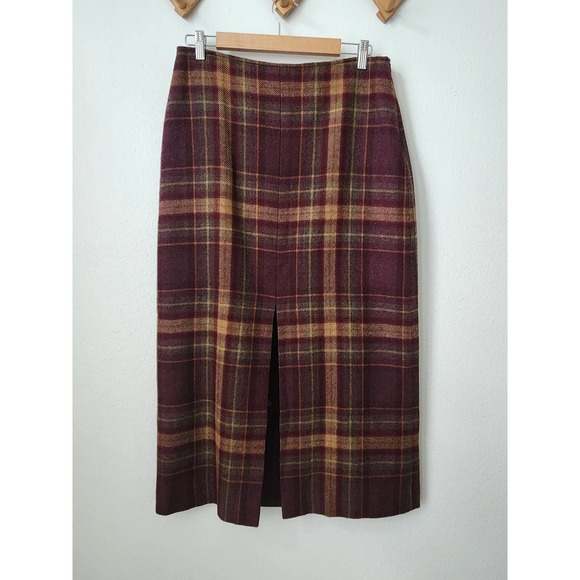 Jones New York Dresses & Skirts - Vtg Jones New York Country maroon plaid wool midi skirt front slit 12